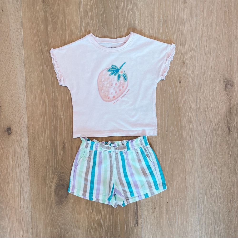 Carter's | Be Your Berry Best Pink Strawberry Tee and Striped Shorts